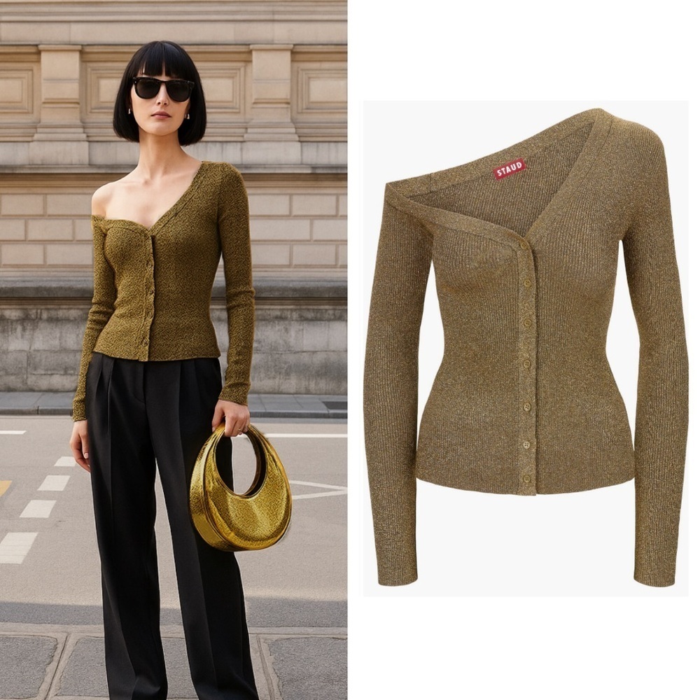 NWT STAUD one should craftsmanship metallic gold cardigan size small